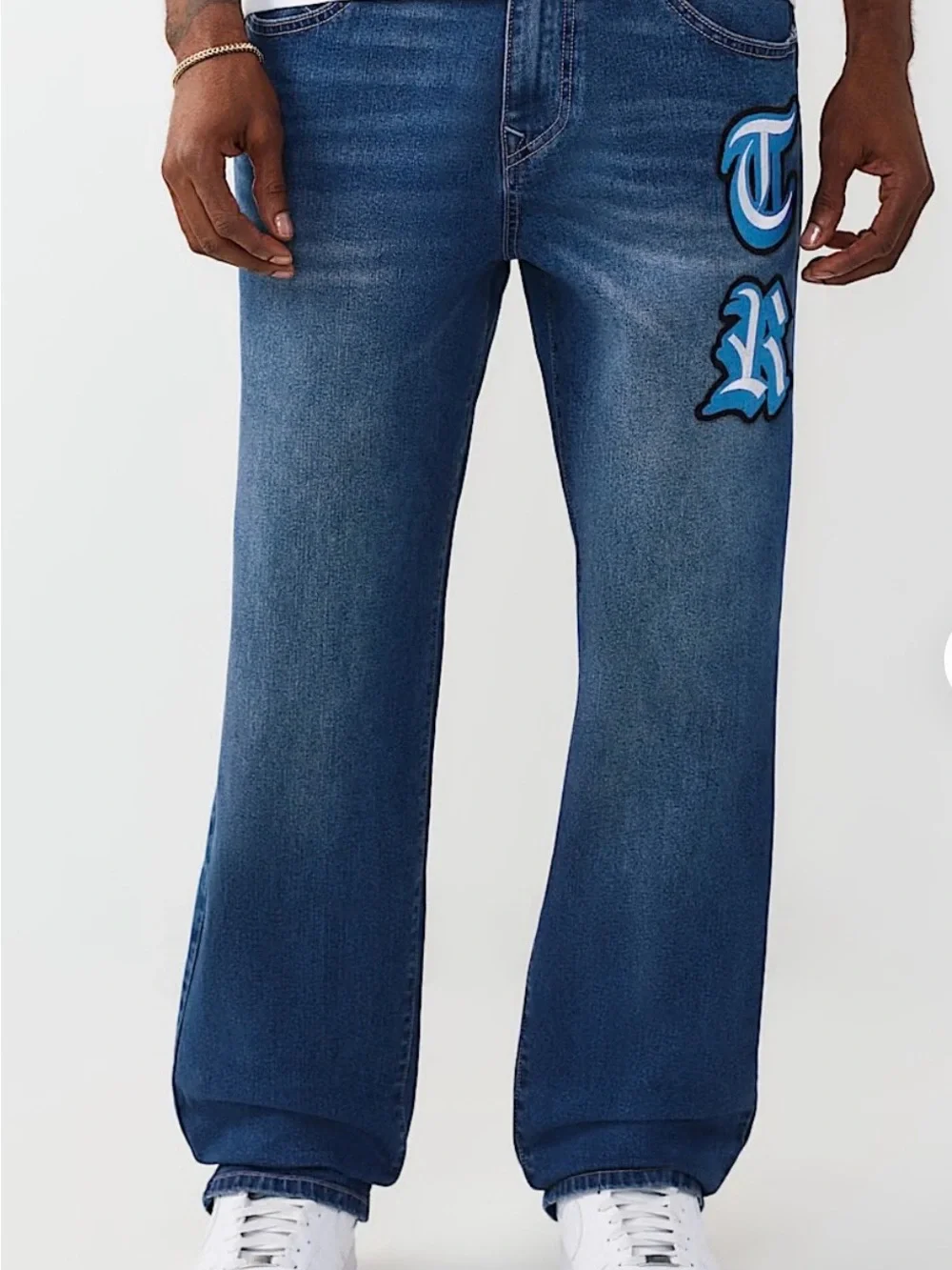 True Religion Men's Blue Denim Jeans with Light-Blue Patch Logos